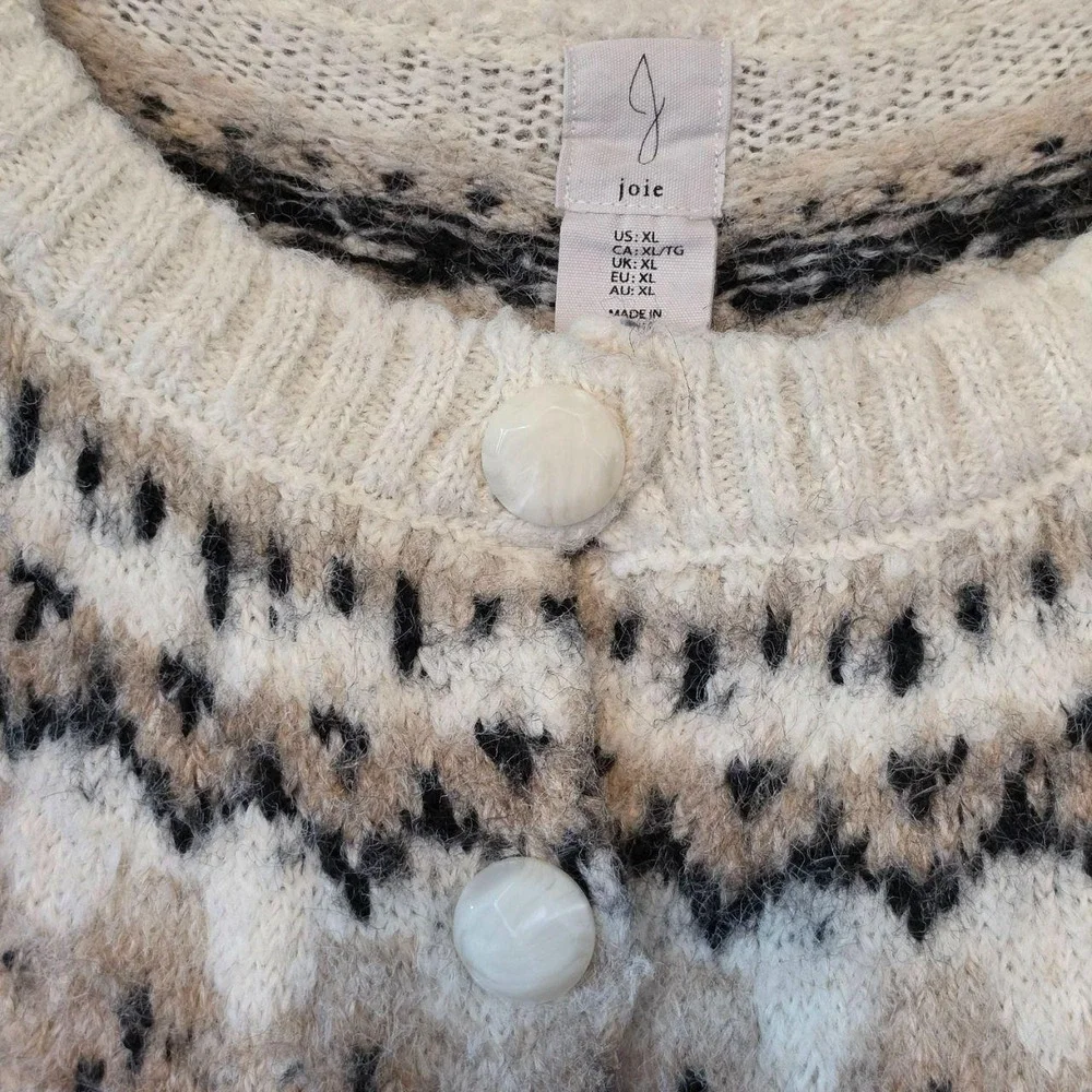 Joie Fair Isle Alpaca Wool Blend Cardigan Cream White XL Nordic Chic Sweater